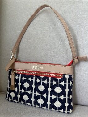 Spartina 449 Navy & Beige Patterned Shoulder Wristlet with Orange Zip